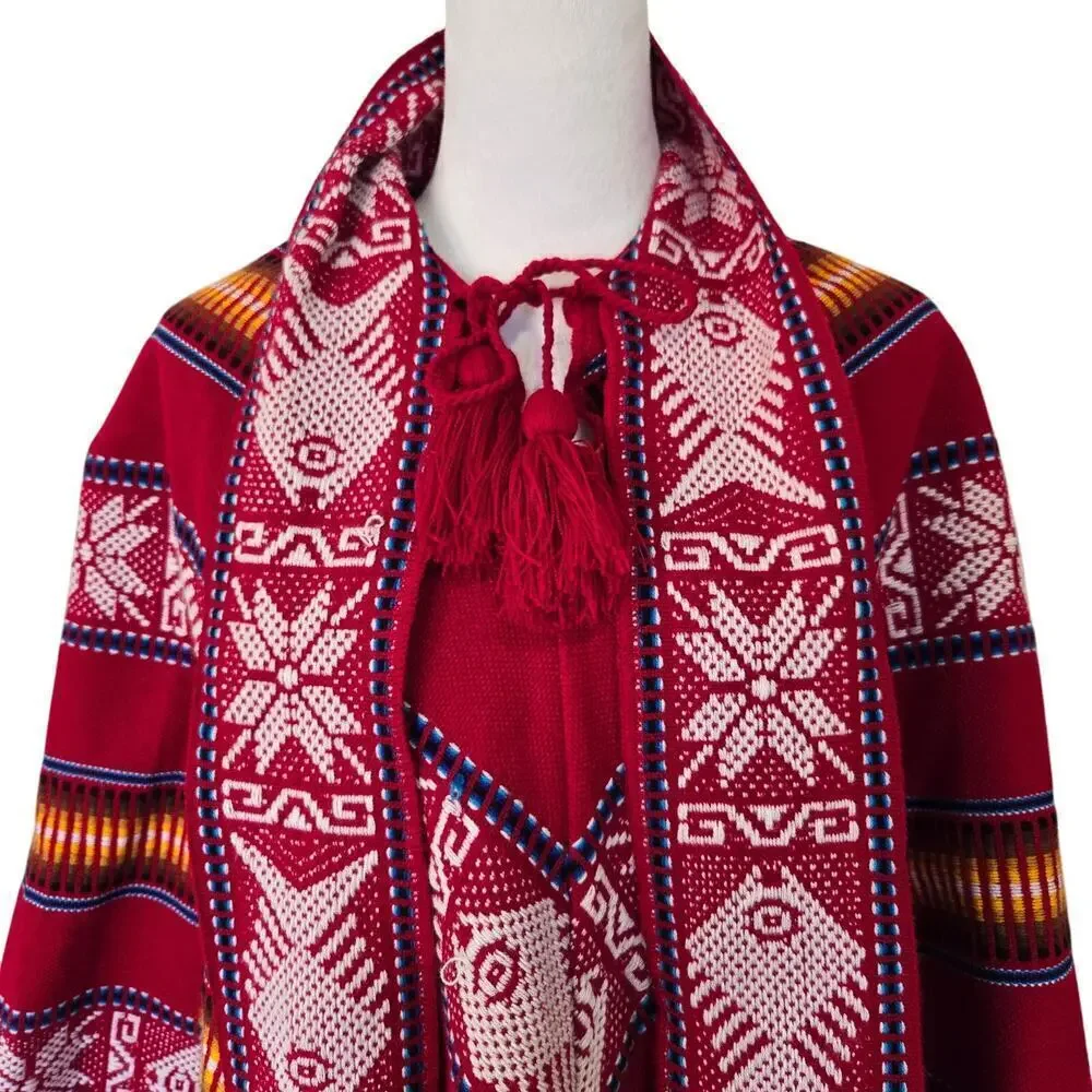 Handmade Otavalo Red Wool Poncho/Cape Made in Ecuador One Size Tribal Boho